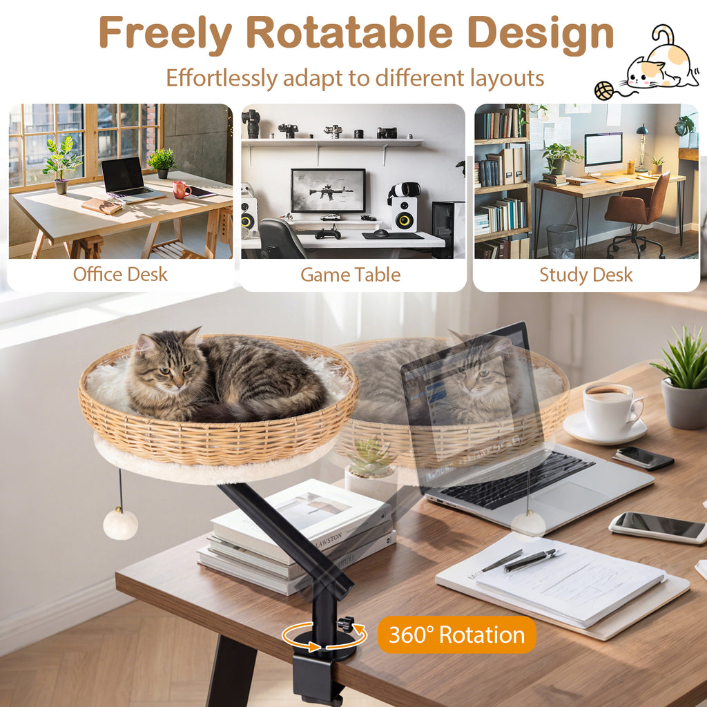 Cat Desk Bed with Removable Padded Cushion for Indoor Cats-Natural