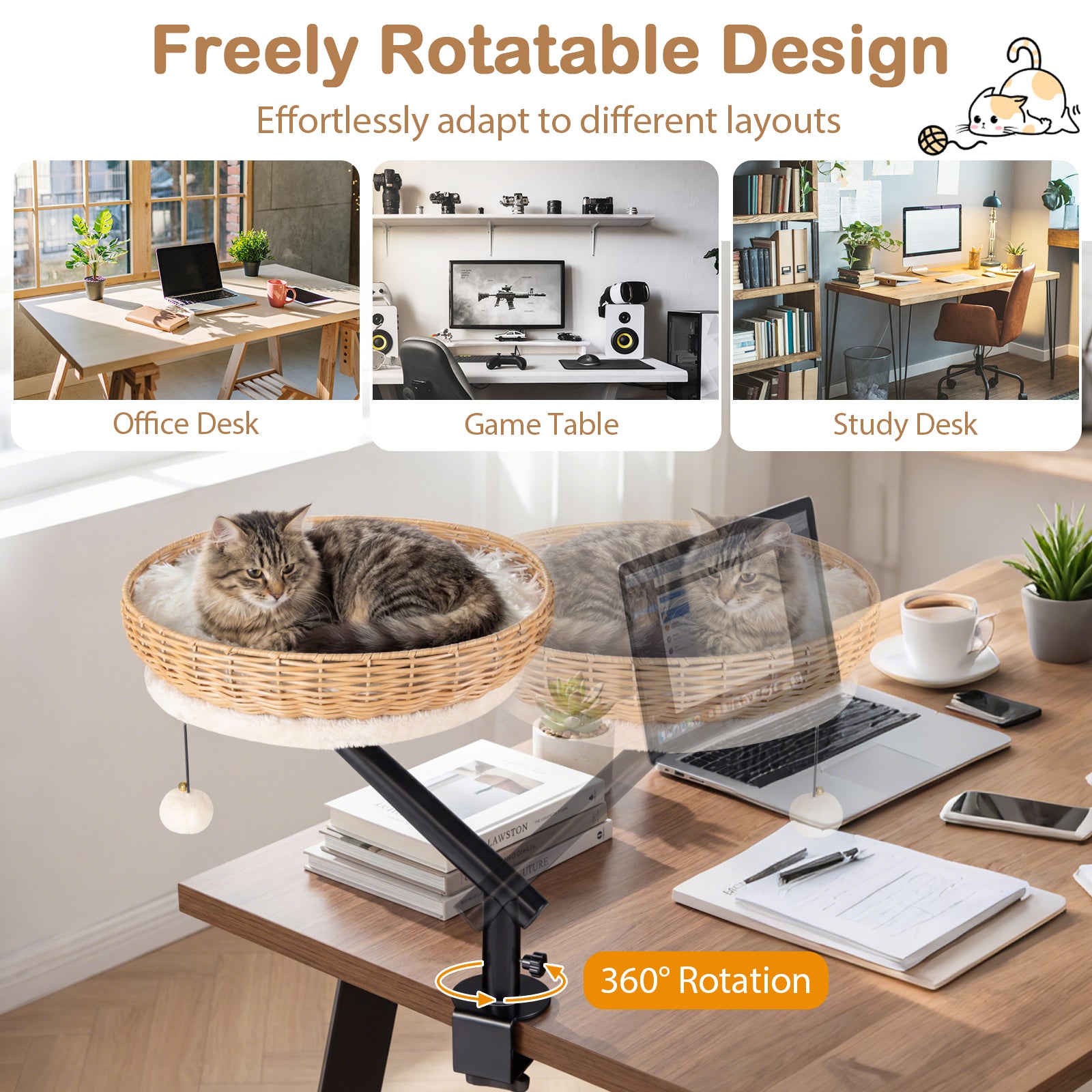 Cat Desk Bed with Removable Padded Cushion for Indoor Cats-Natural