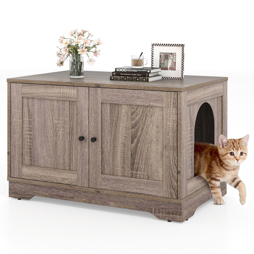 Cat Litter Box Enclosure Furniture Indoor Wooden Cat House End Side Table Nightstand-Grey