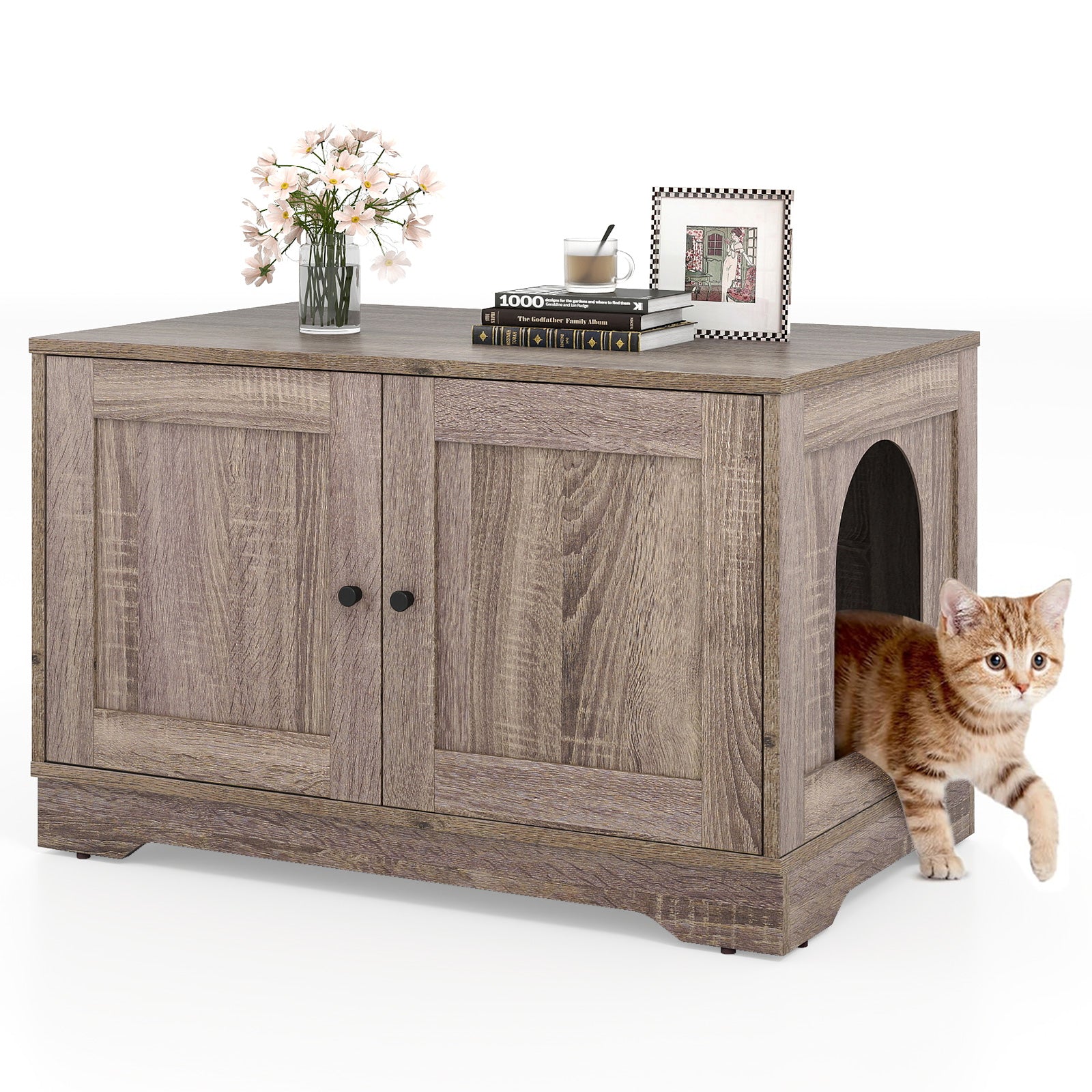 Cat Litter Box Enclosure Furniture Indoor Wooden Cat House End Side Table Nightstand-Grey