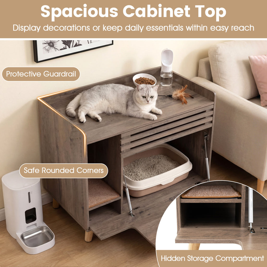 Cat Litter Box Enclosure with Flip-down Opening Door and Scratching Mat-Brown
