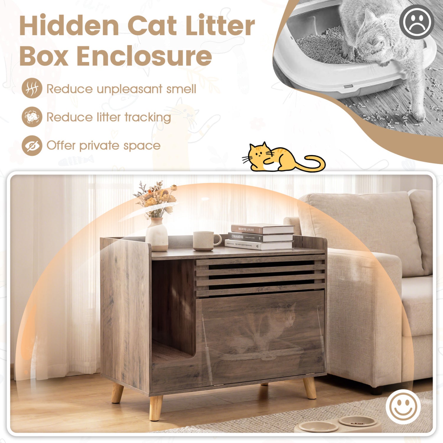 Cat Litter Box Enclosure with Flip-down Opening Door and Scratching Mat-Brown