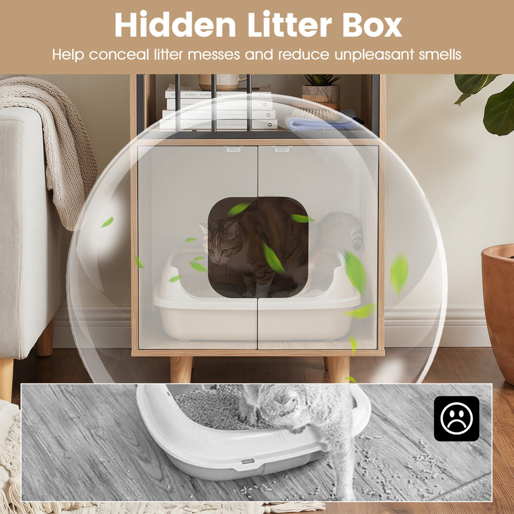 Cat Litter Box Enclosure with Shelf and 2 Doors Wooden House-Shaped for IndoorNatural