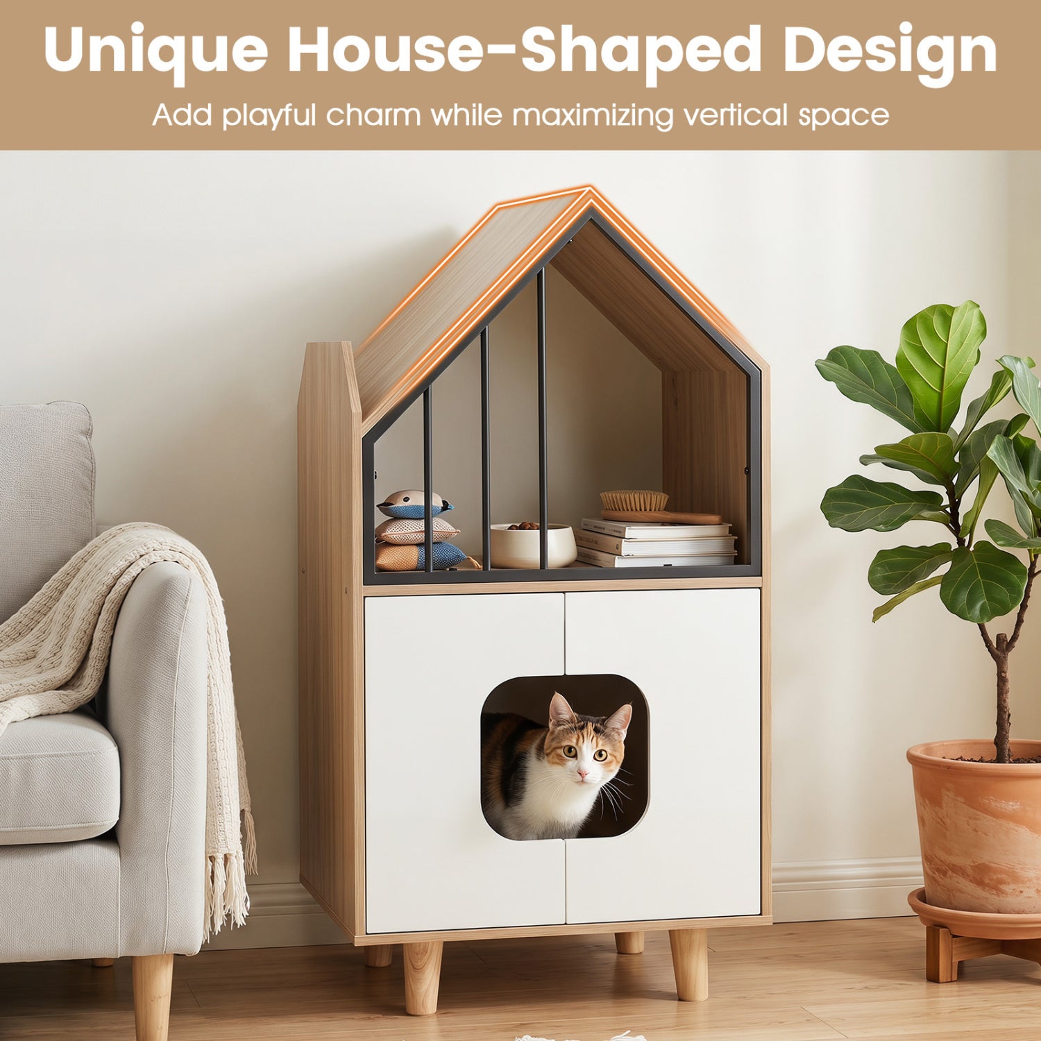 Cat Litter Box Enclosure with Shelf and 2 Doors Wooden House-Shaped for IndoorNatural