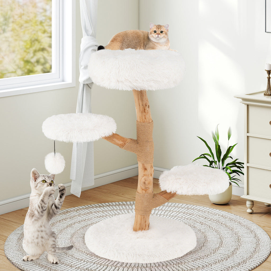 Cat Tree Solid Pear Wood with Perch and Natural Jute Scratching Posts-White
