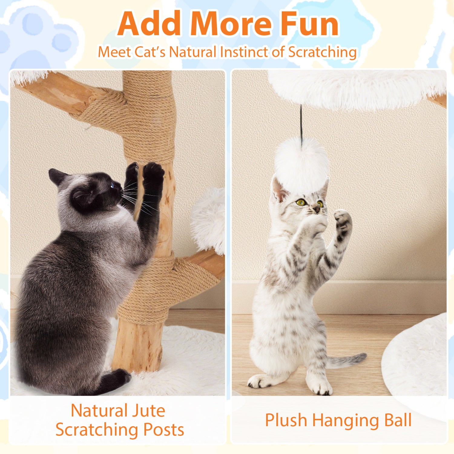 Cat Tree Solid Pear Wood with Perch and Natural Jute Scratching Posts-White