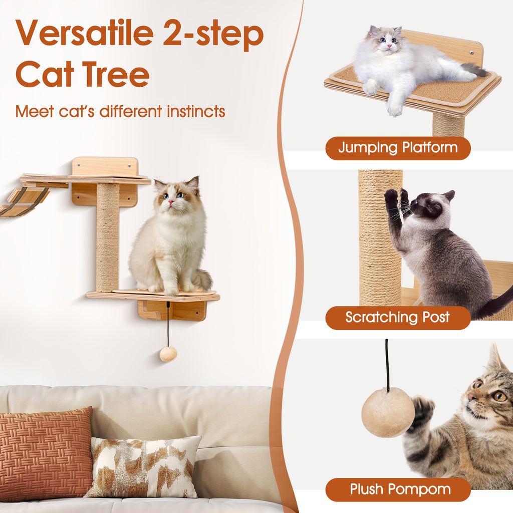 Cat Wall Furniture Set Kitten Wall Mounted Shelves with Hammock-Natural