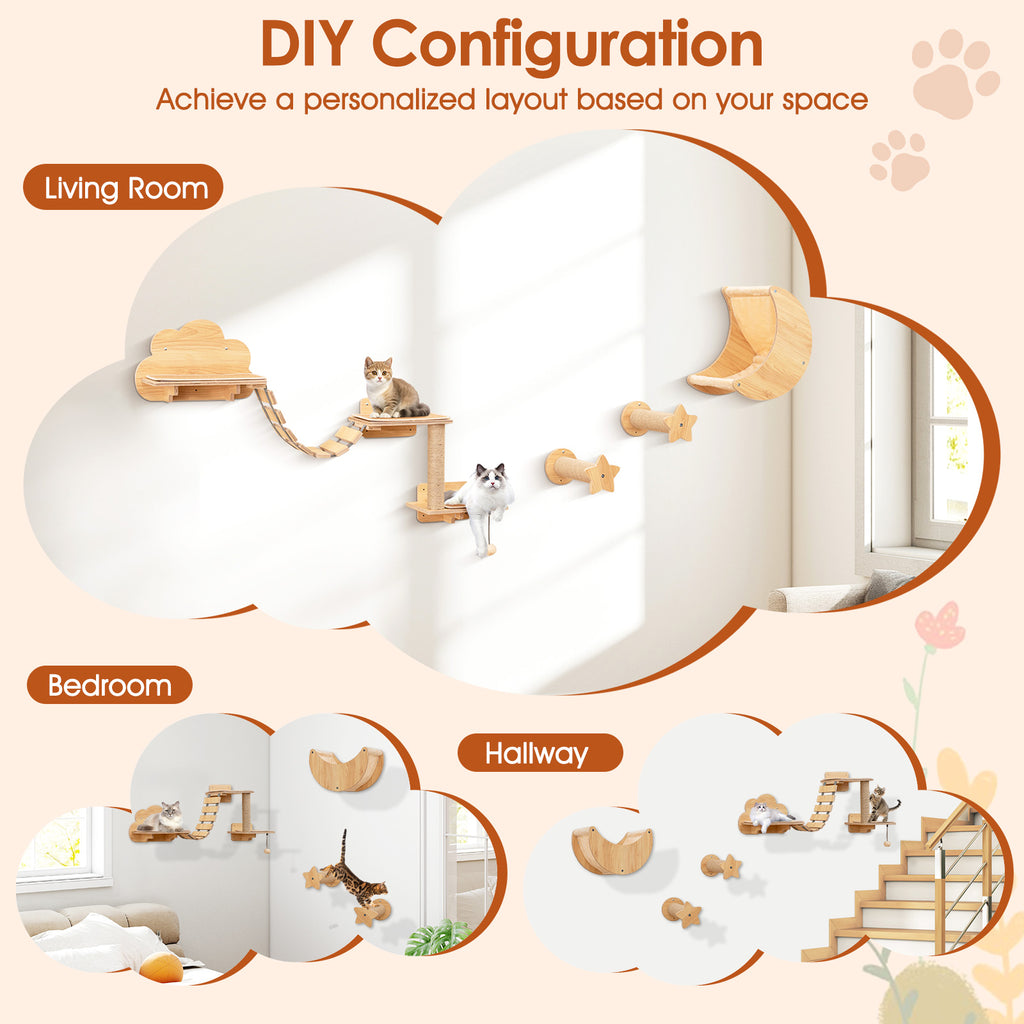 Cat Wall Furniture Set Kitten Wall Mounted Shelves with Hammock-Natural