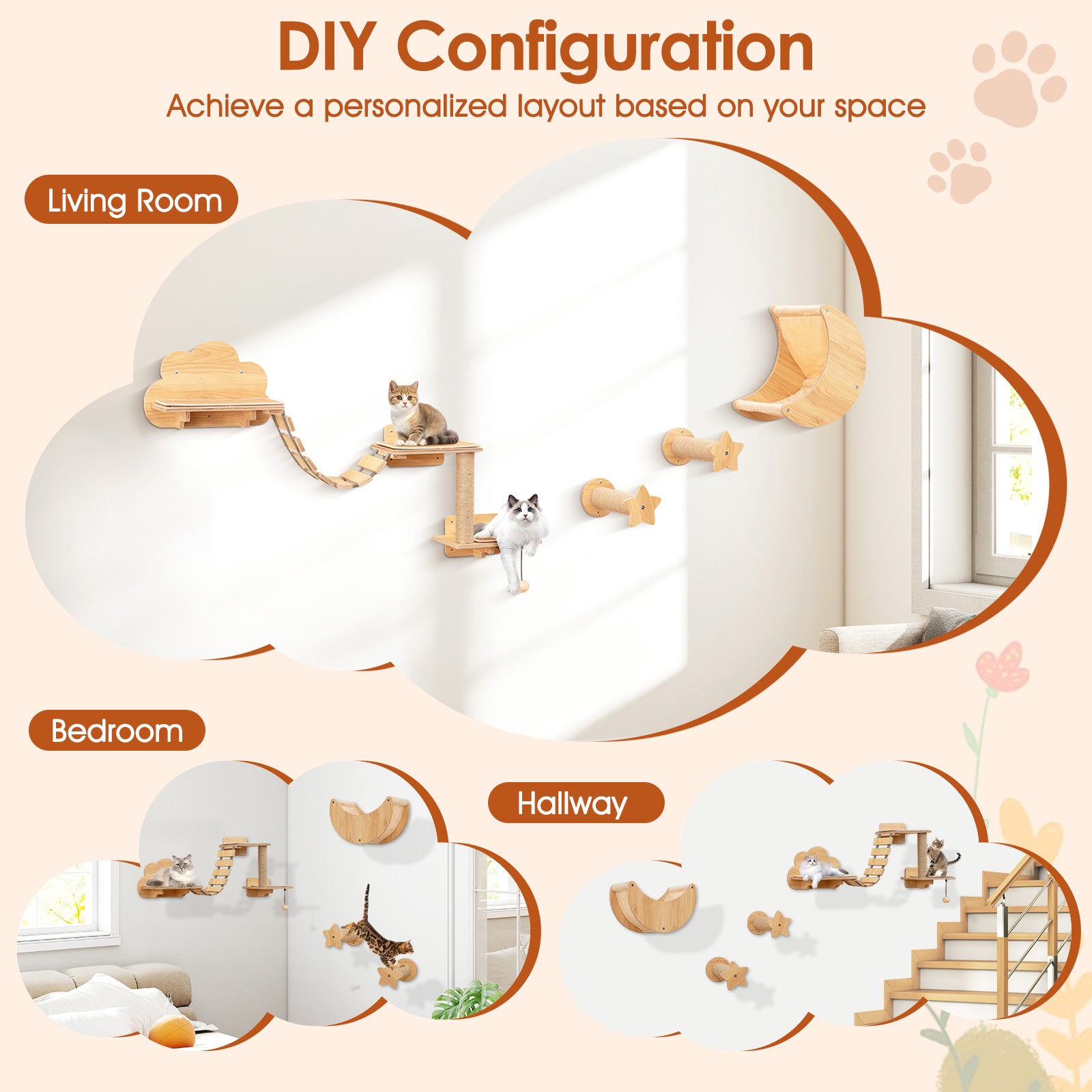 Cat Wall Furniture Set Kitten Wall Mounted Shelves with Hammock-Natural