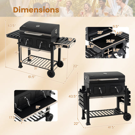 Large Charcoal Grill with Lifting Charcoal Trays and Folding Tables and Wheels
