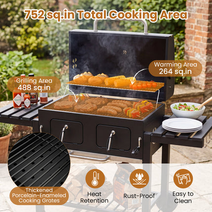 Large Charcoal Grill with Lifting Charcoal Trays and Folding Tables and Wheels
