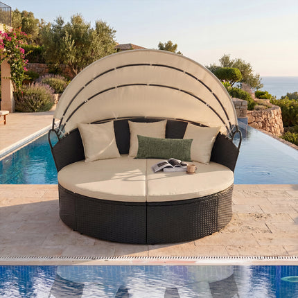 Clamshell Patio Round Daybed Wicker with Retractable Canopy and Pillows-Brown