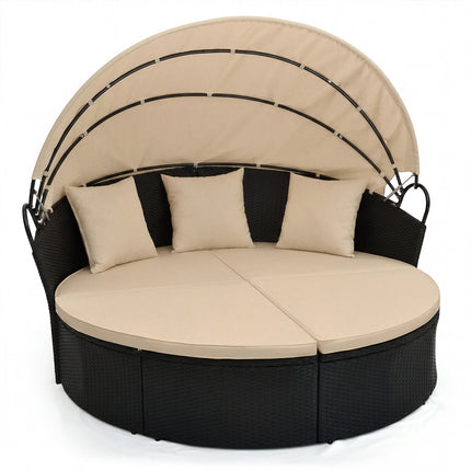 Clamshell Patio Round Daybed Wicker with Retractable Canopy and Pillows-Brown