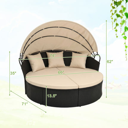 Clamshell Patio Round Daybed Wicker with Retractable Canopy and Pillows-Brown