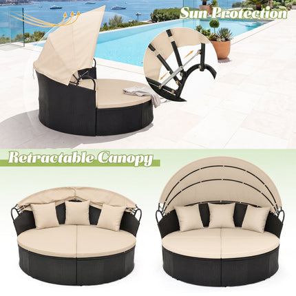 Clamshell Patio Round Daybed Wicker with Retractable Canopy and Pillows-Brown