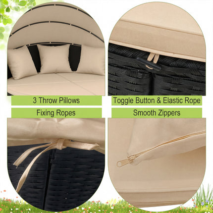 Clamshell Patio Round Daybed Wicker with Retractable Canopy and Pillows-Brown