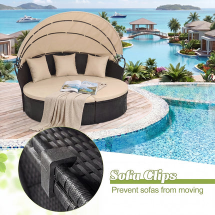 Clamshell Patio Round Daybed Wicker with Retractable Canopy and Pillows-Brown