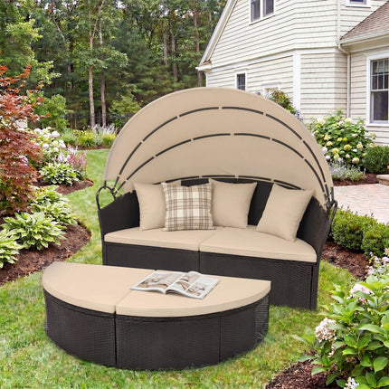 Clamshell Patio Round Daybed Wicker with Retractable Canopy and Pillows-Brown