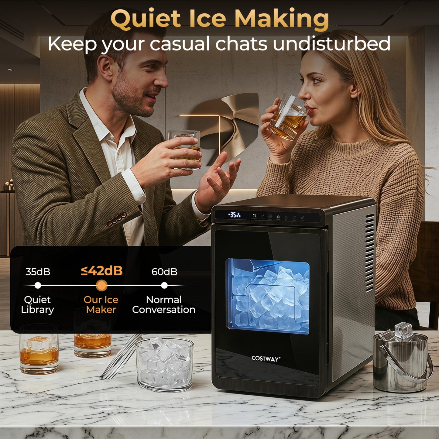 Clear Ice Cube Maker Countertop 1.6 Inches Large Square Ice Cubes-Silver