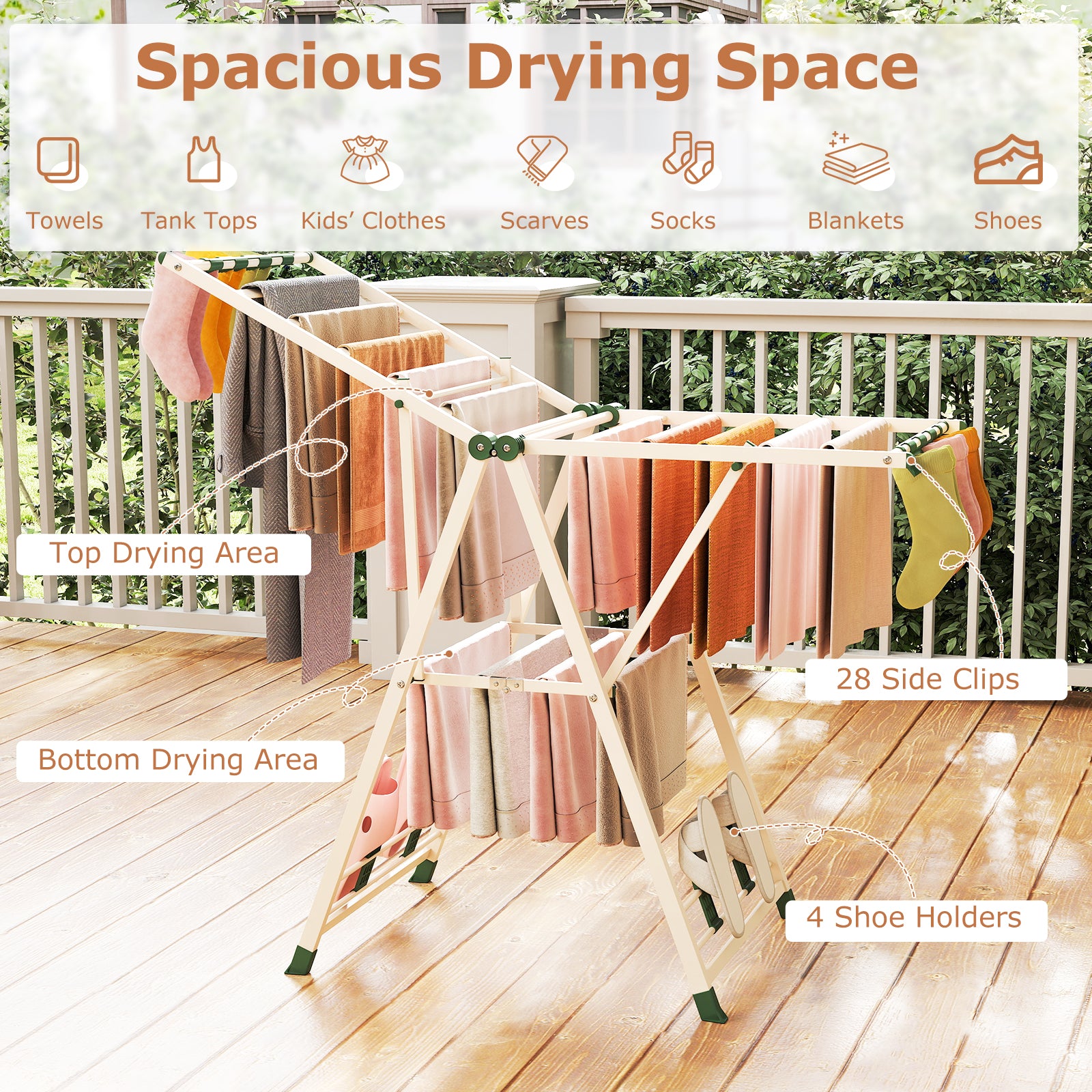 Clothes Drying Rack with Height Adjustable Wings-Beige