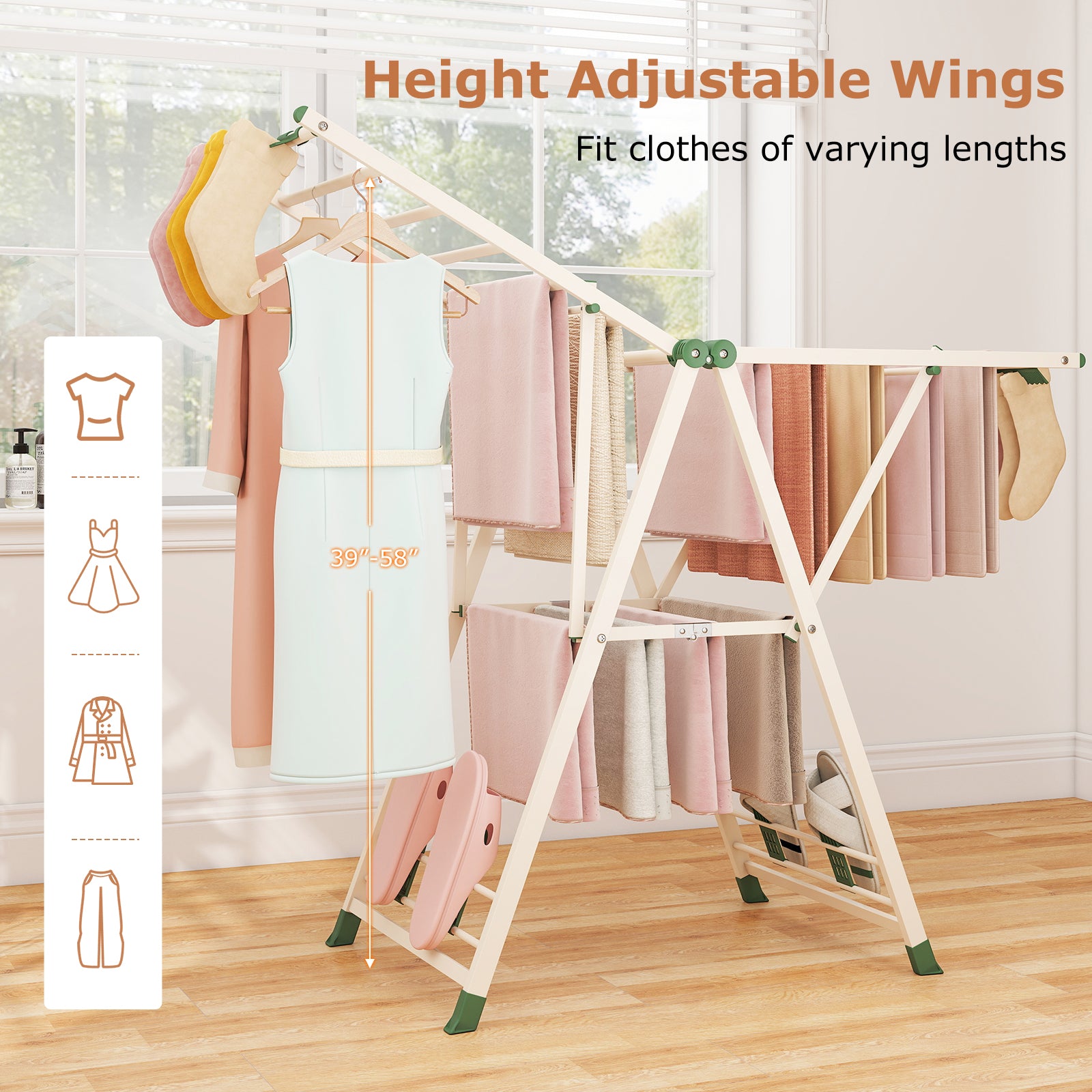 Clothes Drying Rack with Height Adjustable Wings-Beige