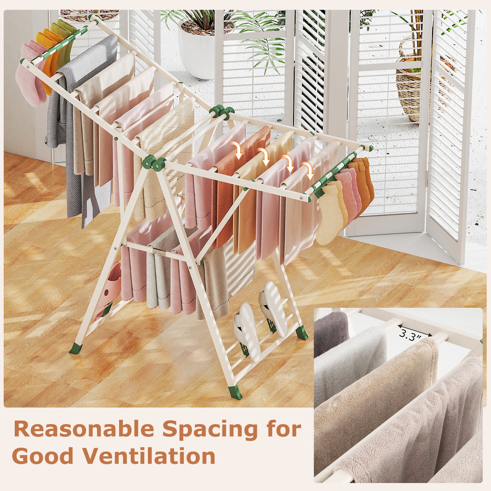 Clothes Drying Rack with Height Adjustable Wings-Beige