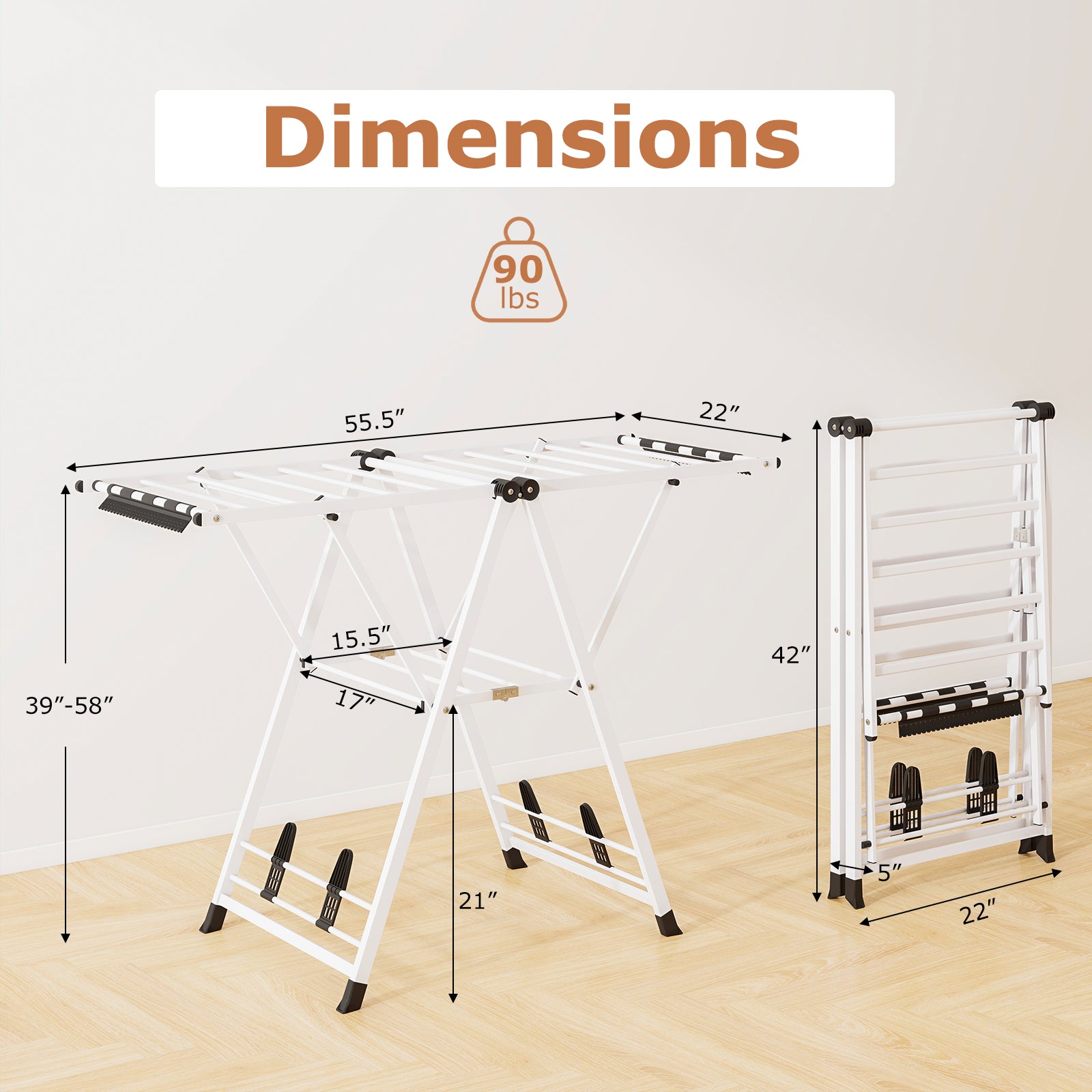 Clothes Drying Rack with Height Adjustable Wings-White