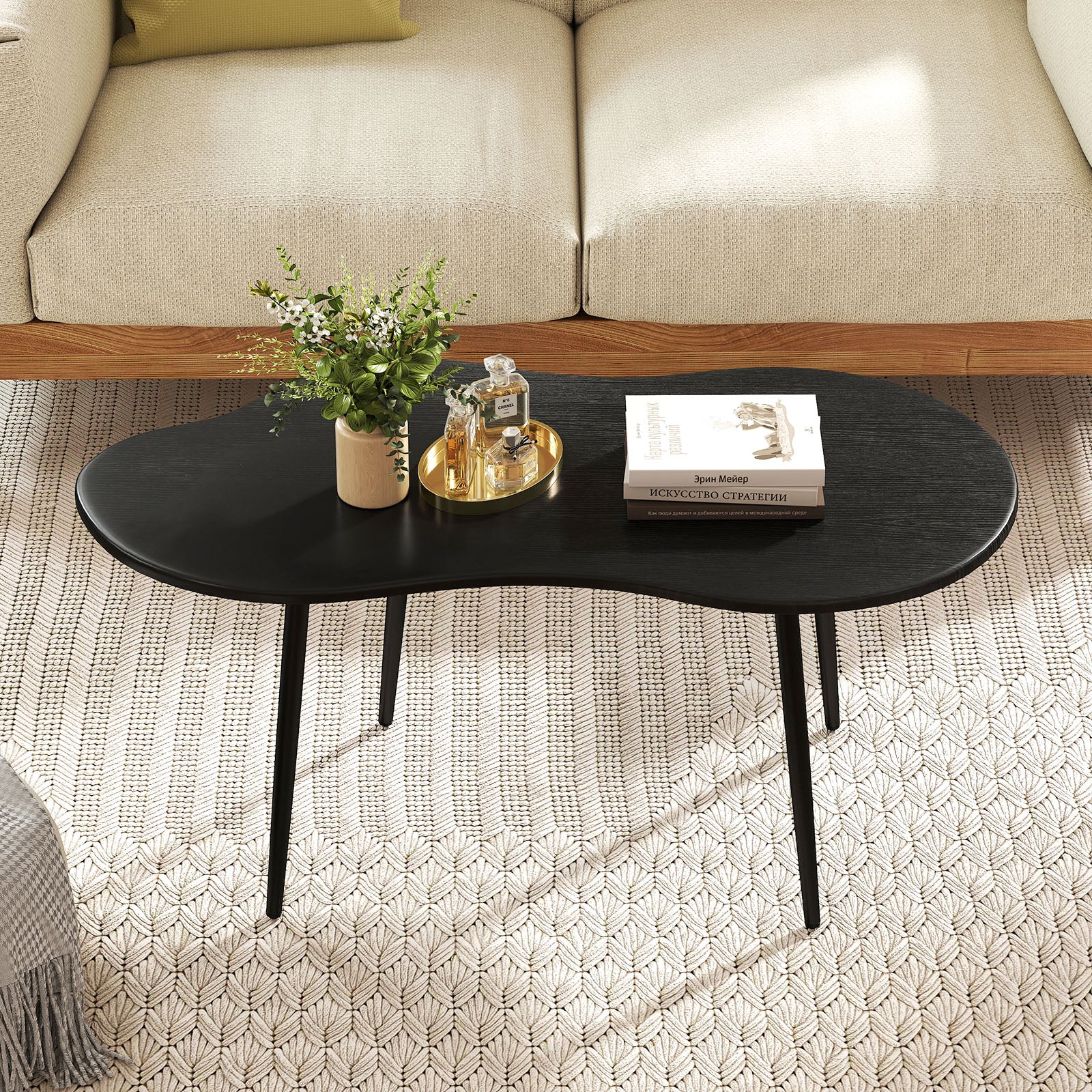 Cloud Shape Coffee Table 39.5 inch Irregular Center Table with Metal Frame-Black