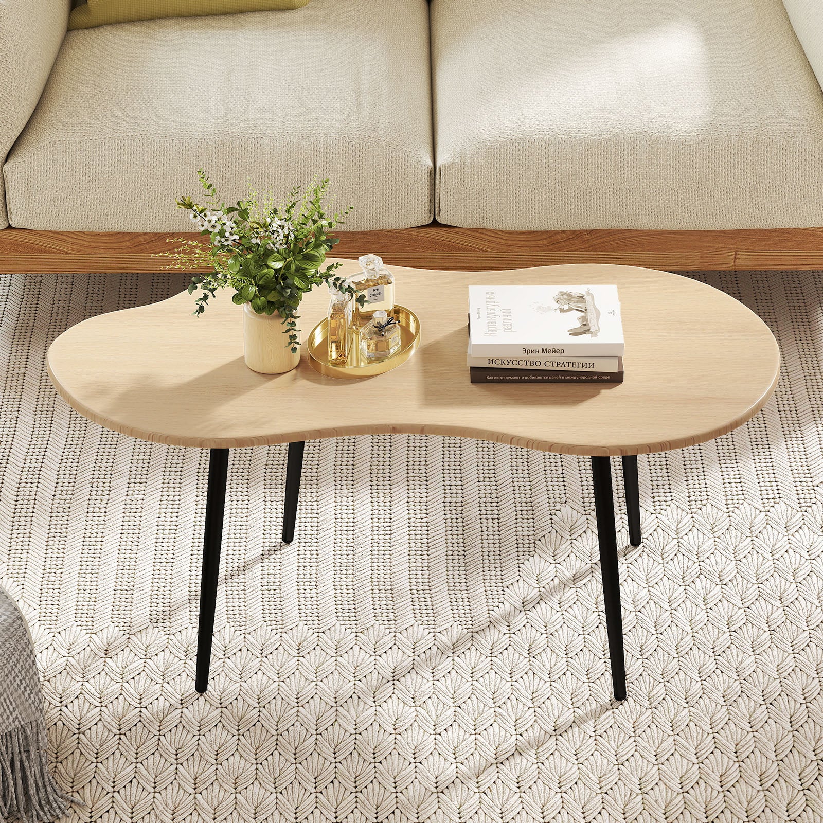 Cloud Shape Coffee Table 39.5 inch Irregular Center Table with Metal Frame-Natural