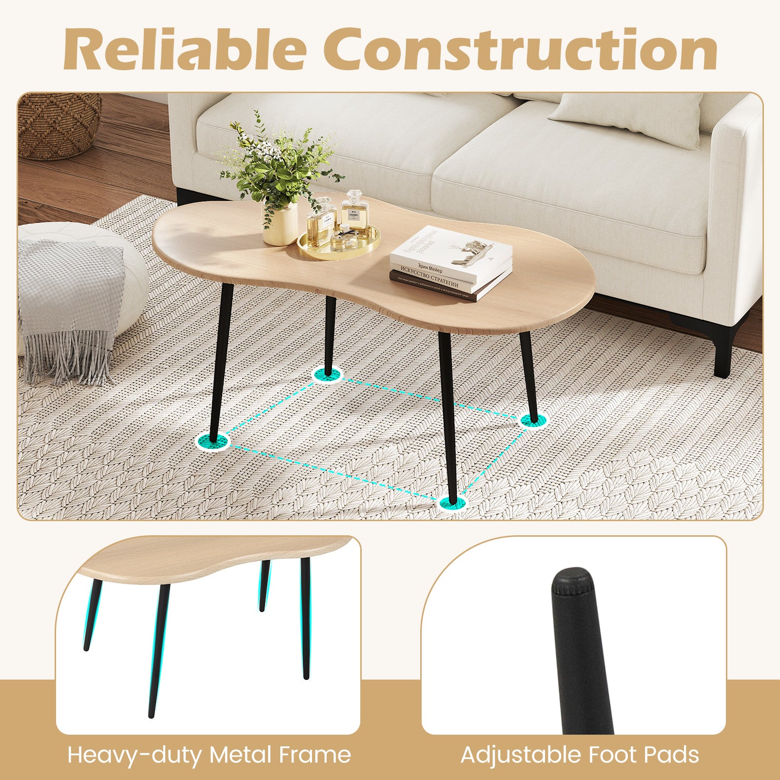 Cloud Shape Coffee Table 39.5 inch Irregular Center Table with Metal Frame-Natural