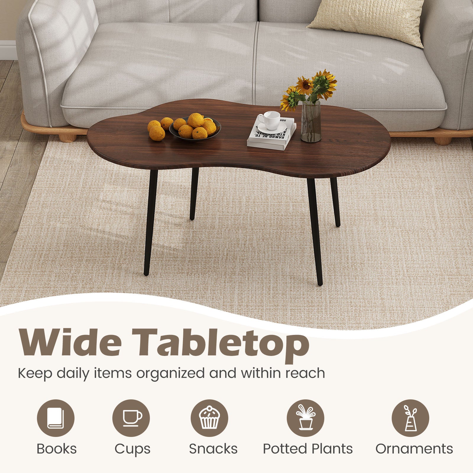 Cloud Shape Coffee Table 39.5 inch Irregular Center Table with Metal Frame-Walnut