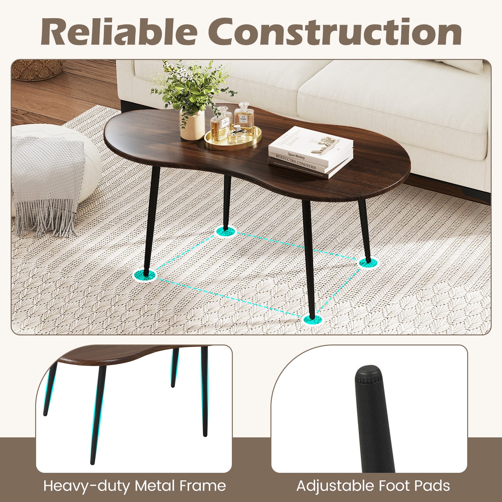 Cloud Shape Coffee Table 39.5 inch Irregular Center Table with Metal Frame-Walnut
