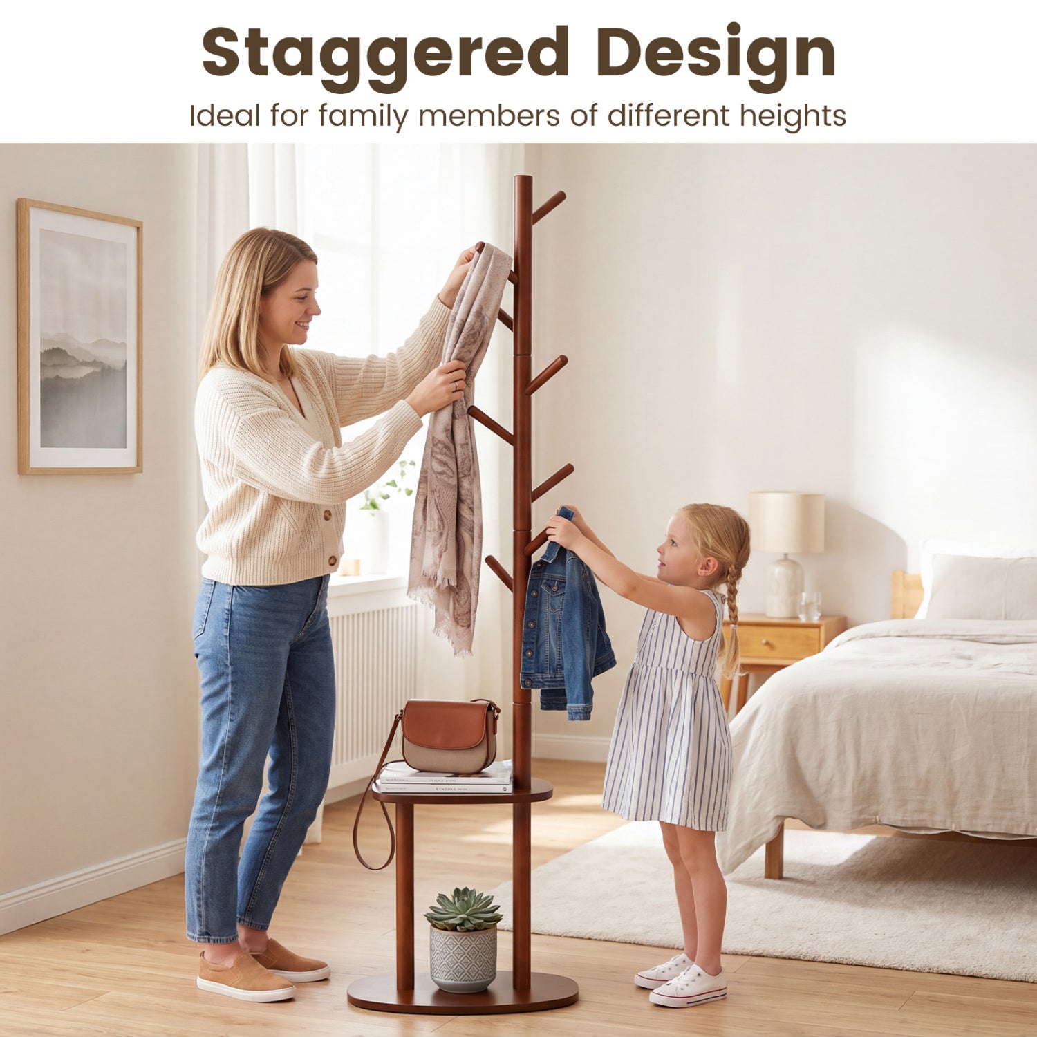 Coat Rack with 8 Rubber Wood Hooks and 2 Storage Shelves-Walnut