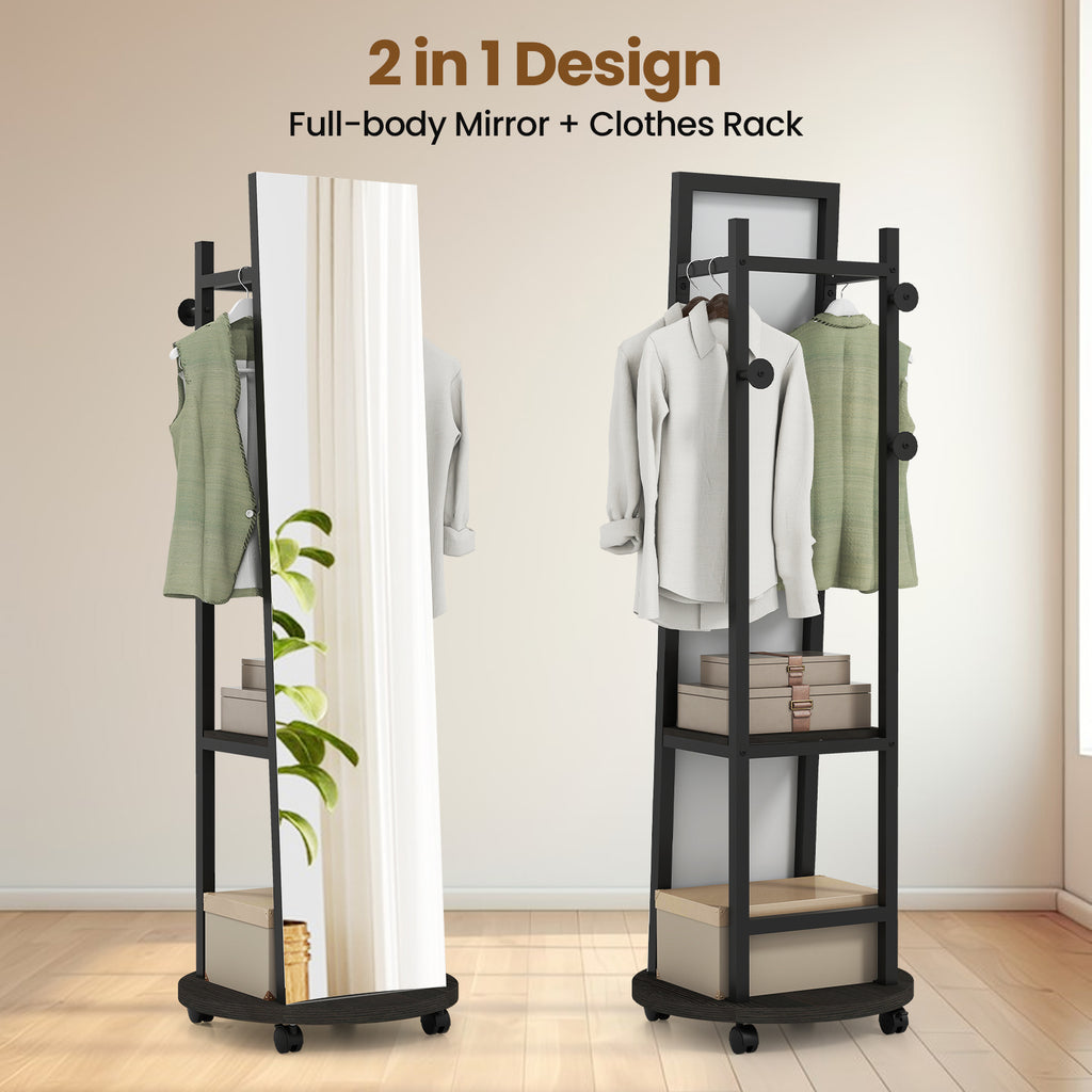 Coat Rack with Full Length Mirror Freestanding Coat Tree with 3 Hooks-Walnut