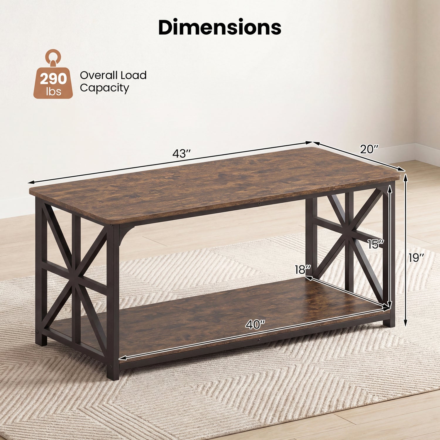 Coffee Table 2-Tier Center Table with Storage Shelf-Rustic Brown