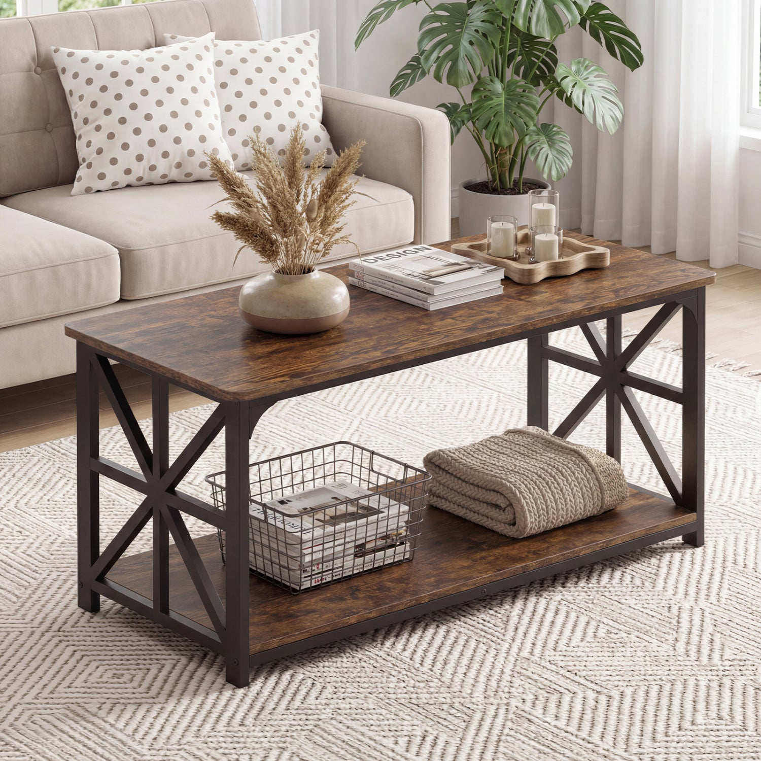 Coffee Table 2-Tier Center Table with Storage Shelf-Rustic Brown
