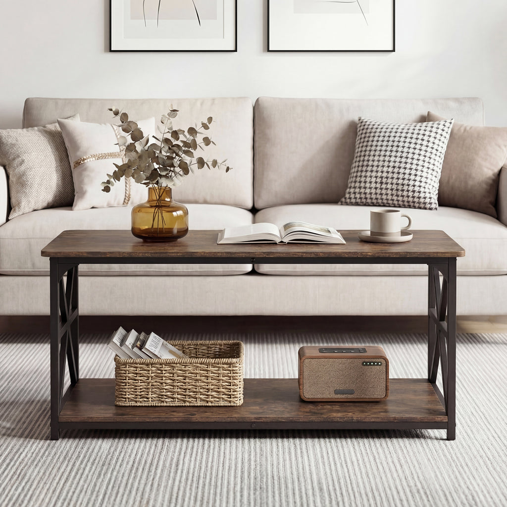 Coffee Table 2-Tier Center Table with Storage Shelf-Rustic Brown