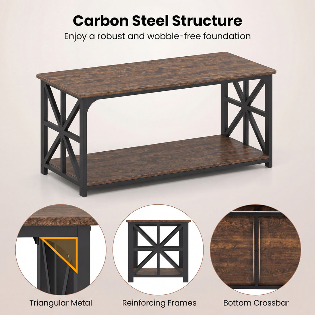 Coffee Table 2-Tier Center Table with Storage Shelf-Rustic Brown