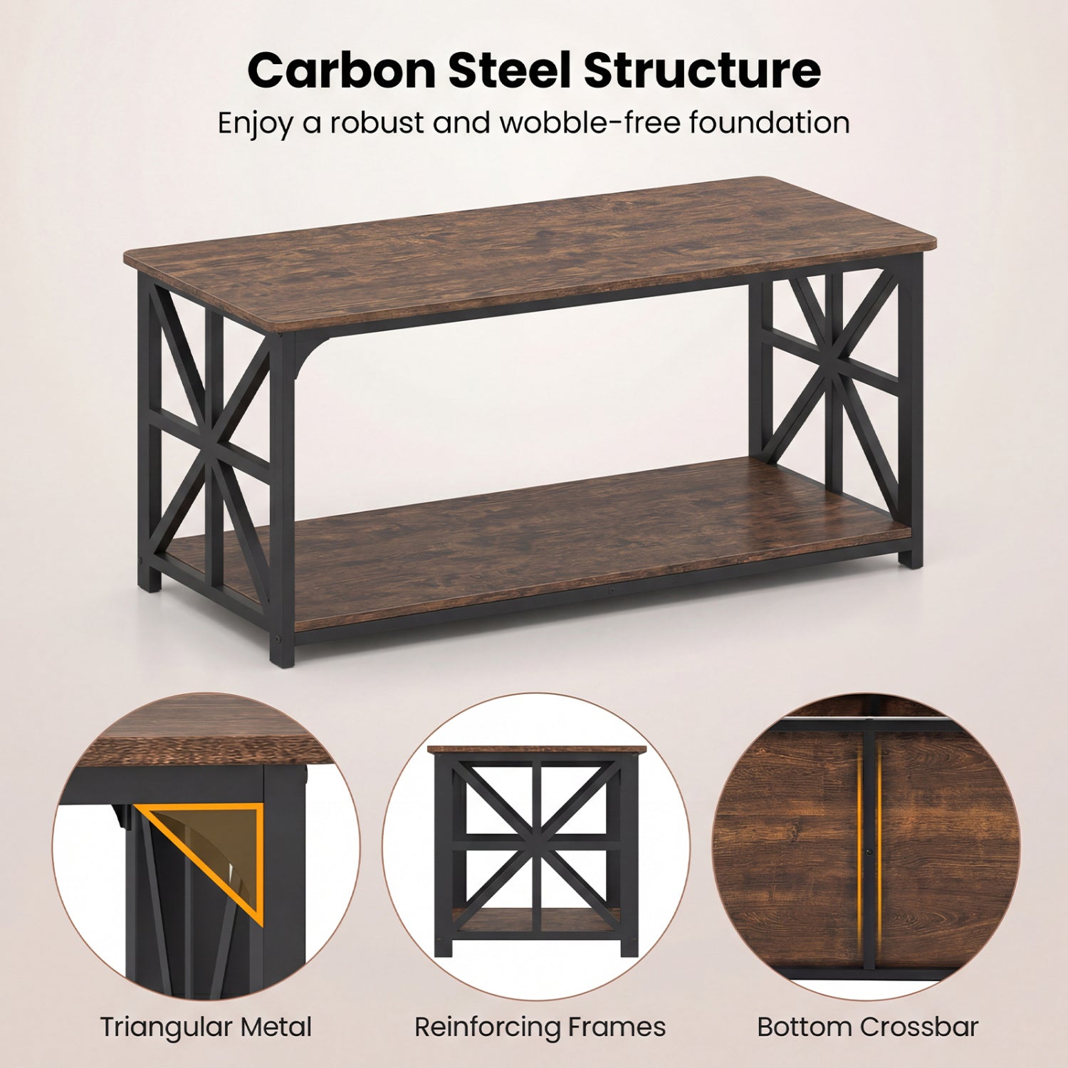 Coffee Table 2-Tier Center Table with Storage Shelf-Rustic Brown