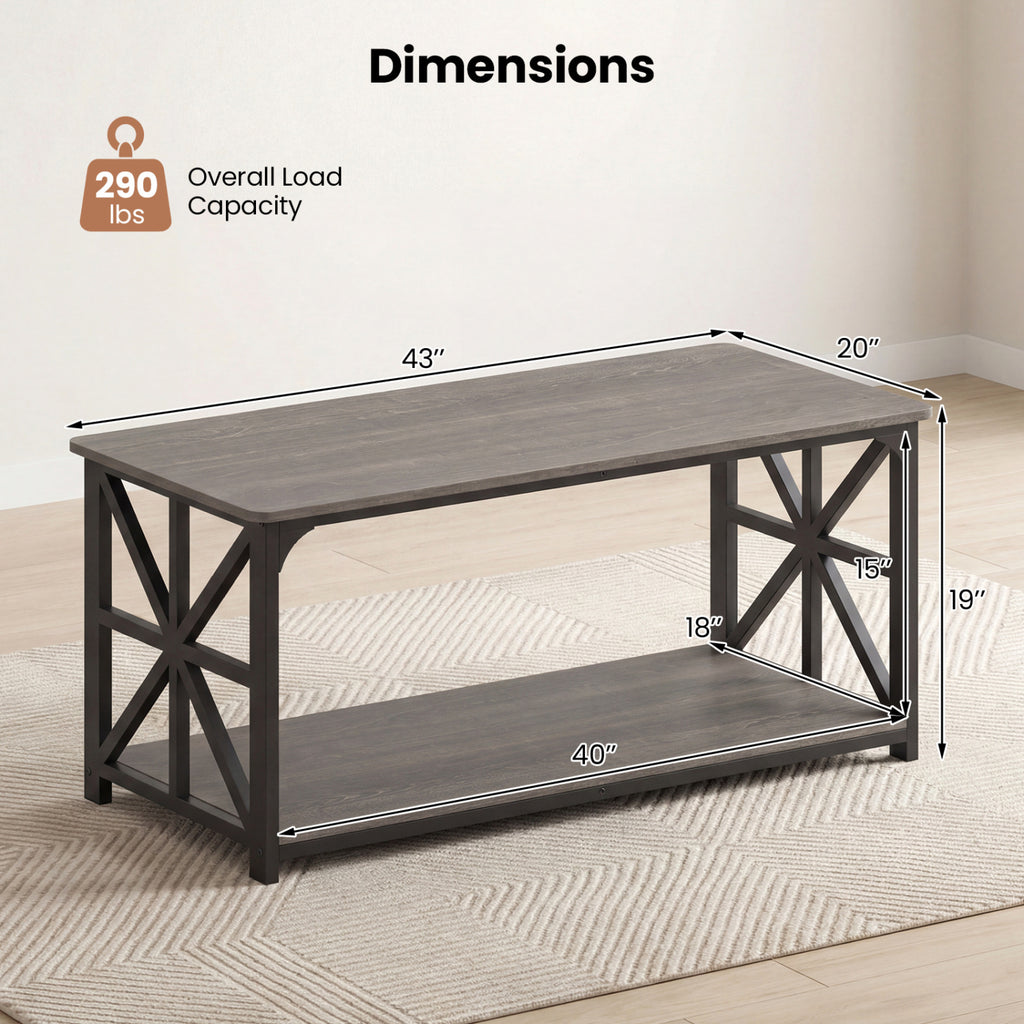 Coffee Table 2-Tier Center Table with Storage Shelf-Oak