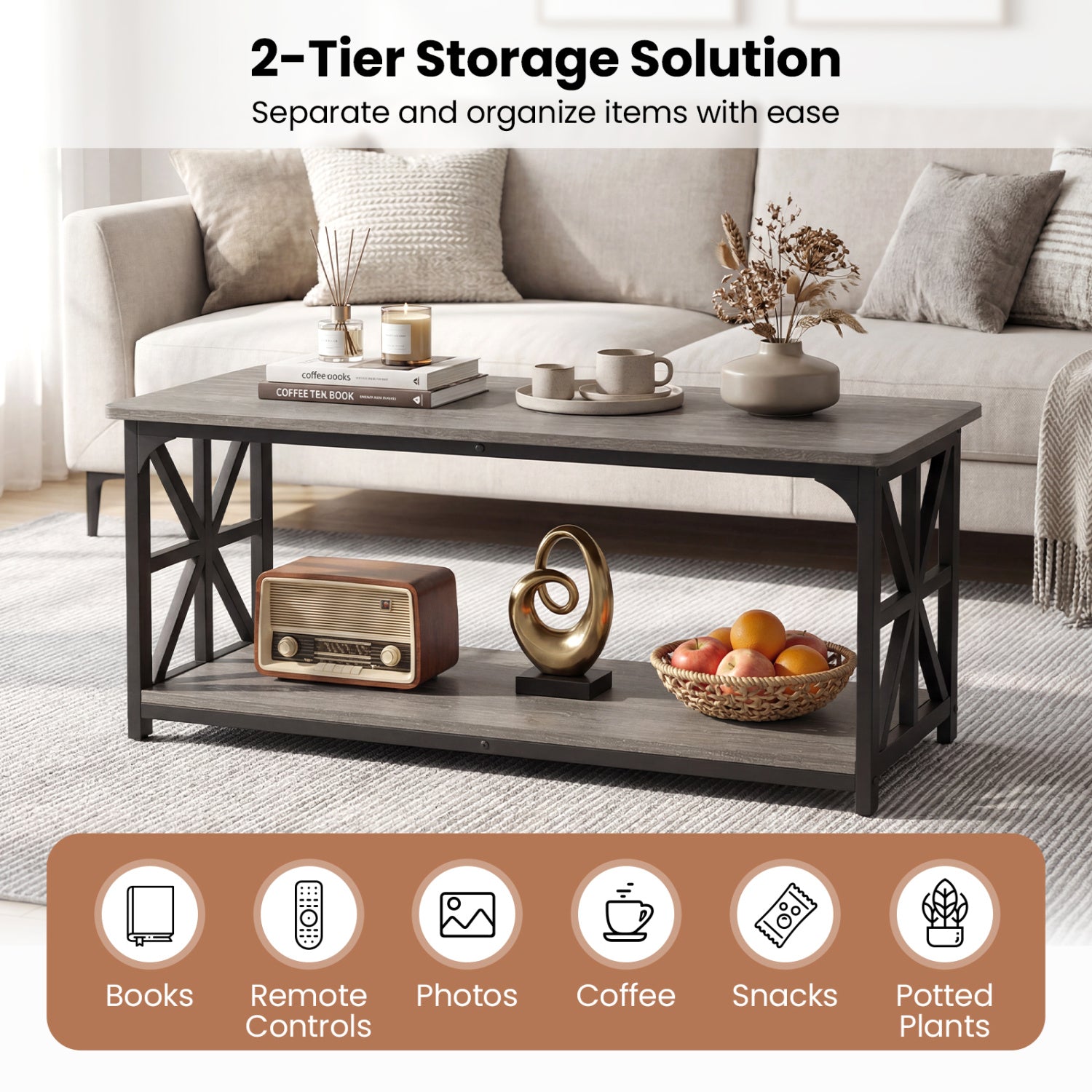 Coffee Table 2-Tier Center Table with Storage Shelf-Oak