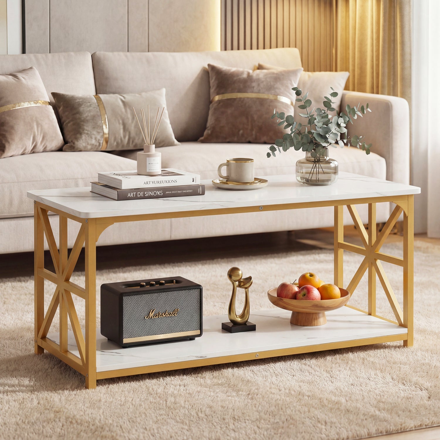 Coffee Table 2-Tier Center Table with Storage Shelf-White and Golden