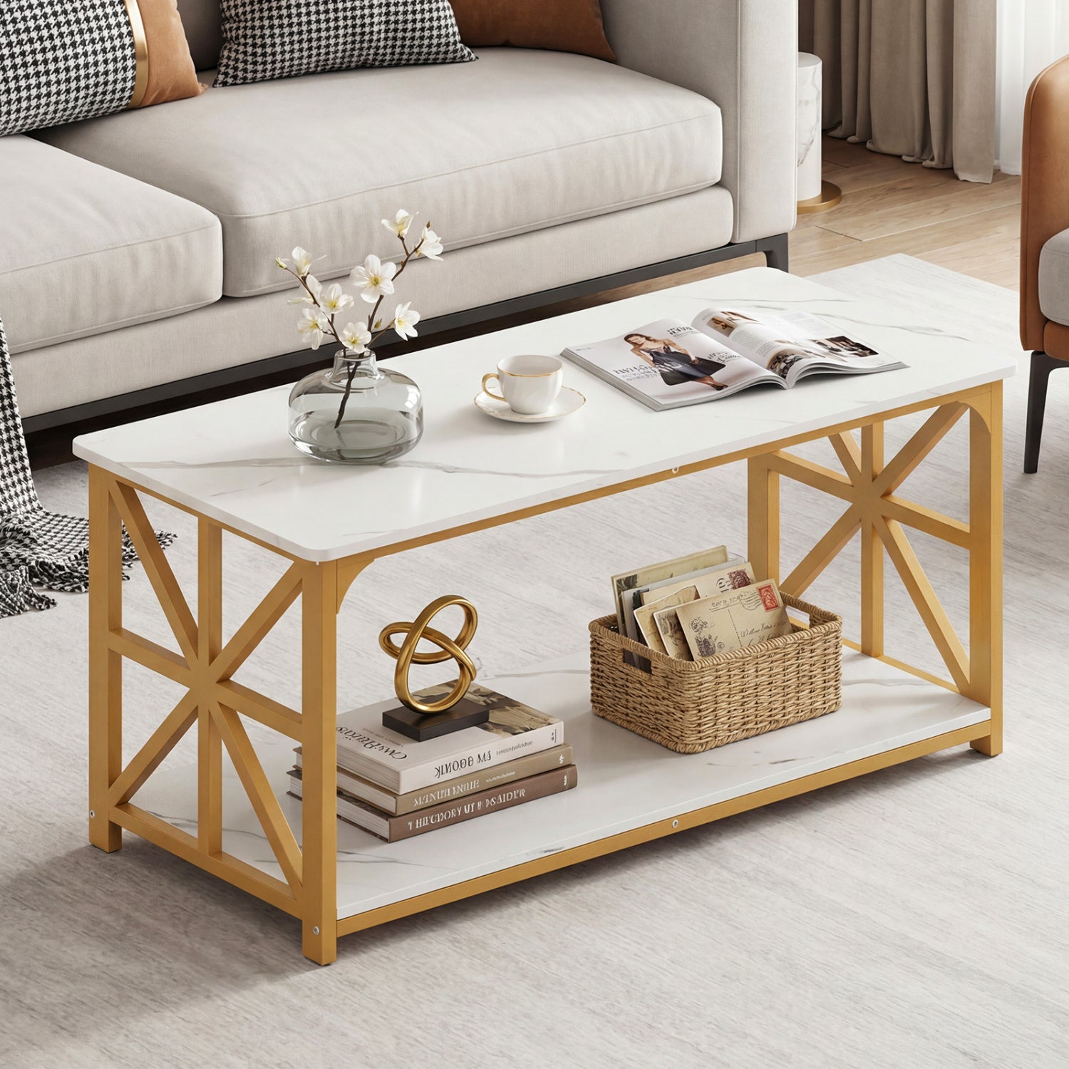 Coffee Table 2-Tier Center Table with Storage Shelf-White and Golden