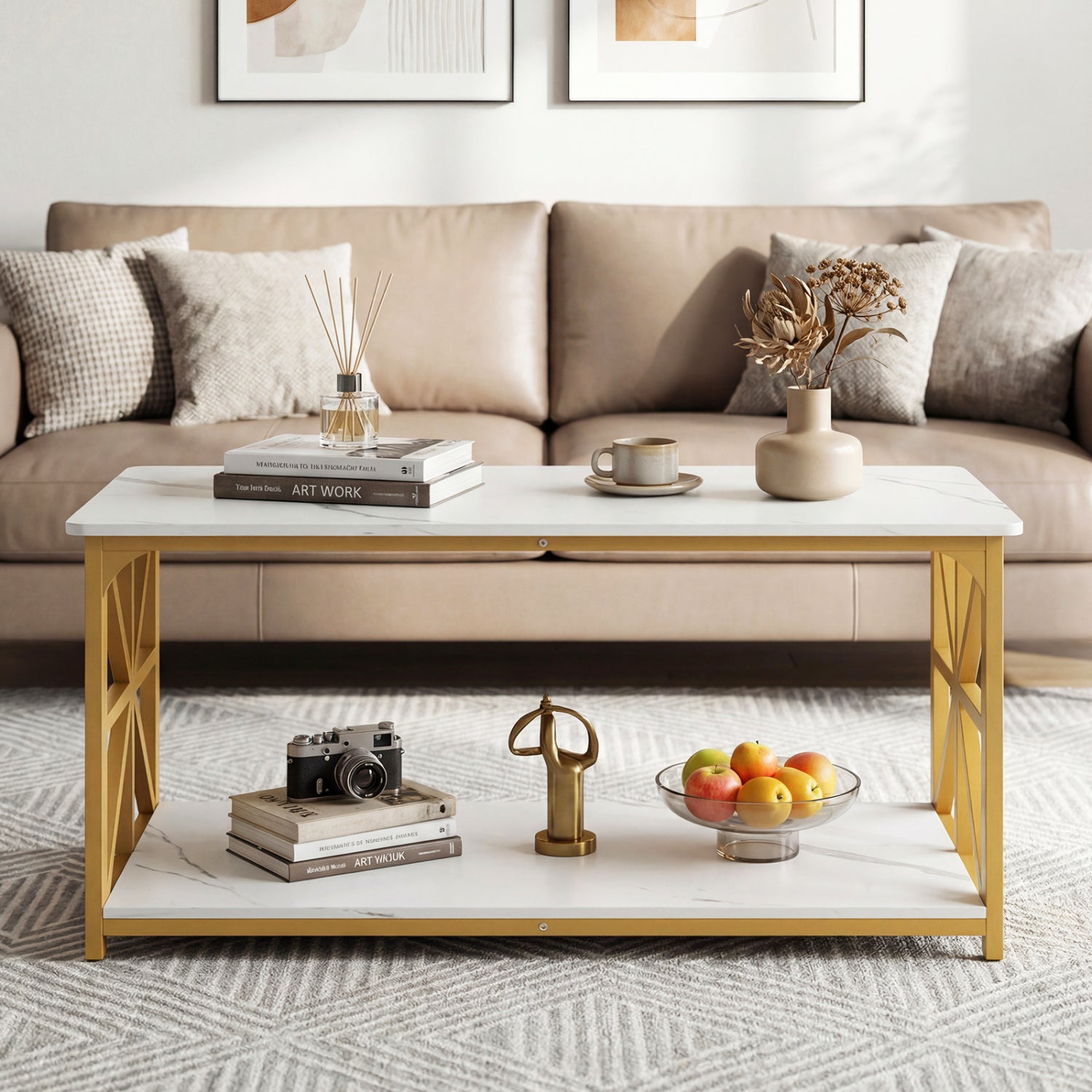Coffee Table 2-Tier Center Table with Storage Shelf-White and Golden