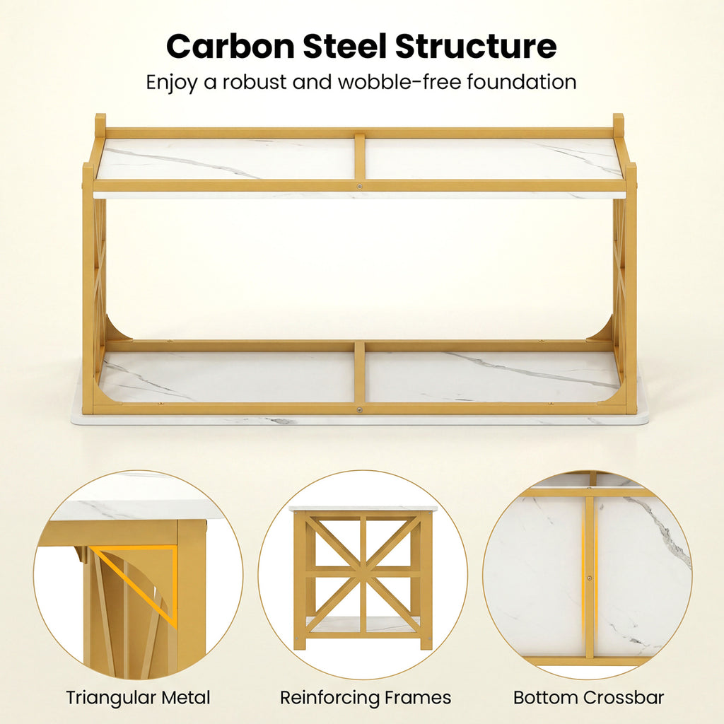 Coffee Table 2-Tier Center Table with Storage Shelf-White and Golden
