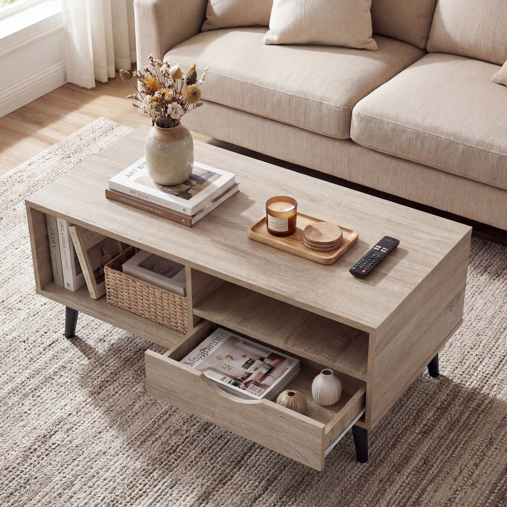 Coffee Table with Storage Rustic Rectangle Center Table-Natural
