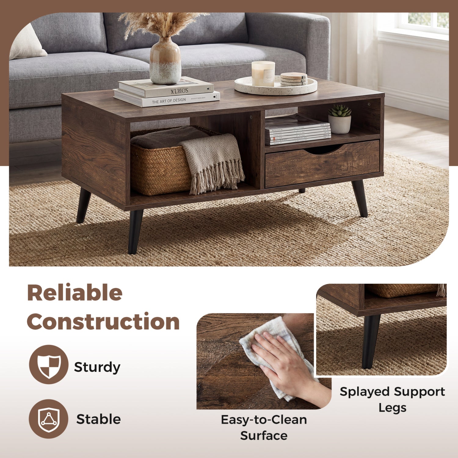 Coffee Table with Storage Rustic Rectangle Center Table-Walnut