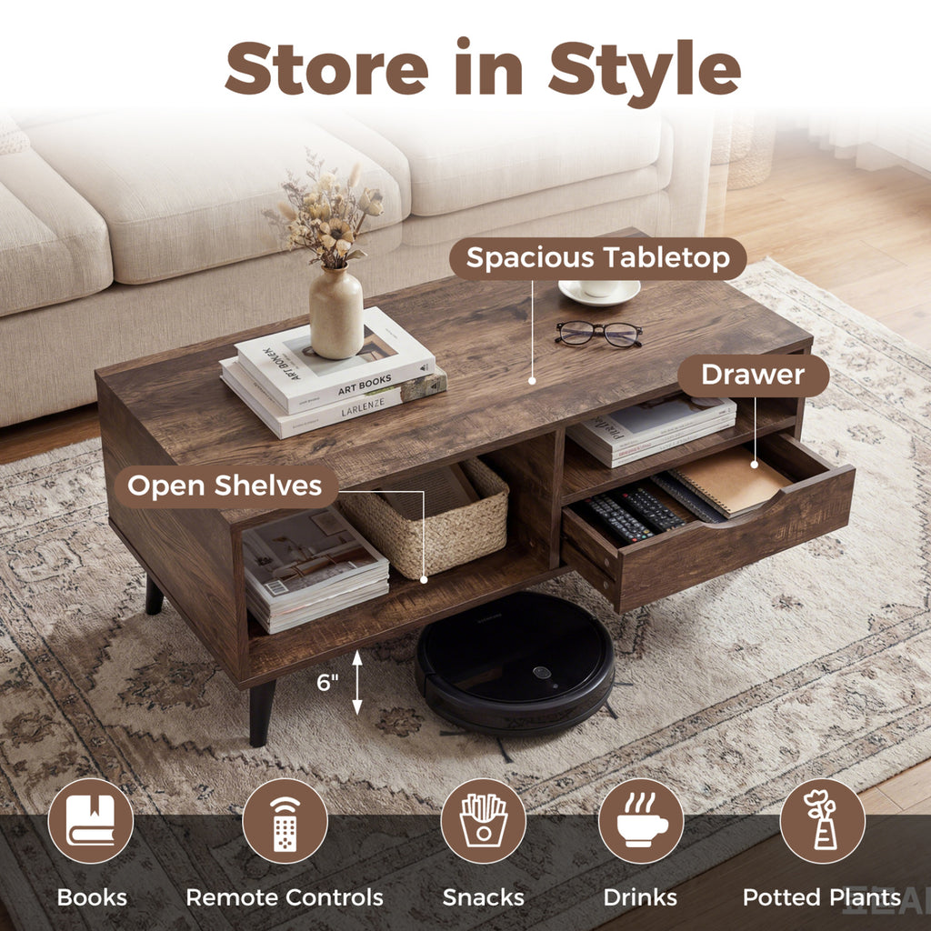 Coffee Table with Storage Rustic Rectangle Center Table-Walnut