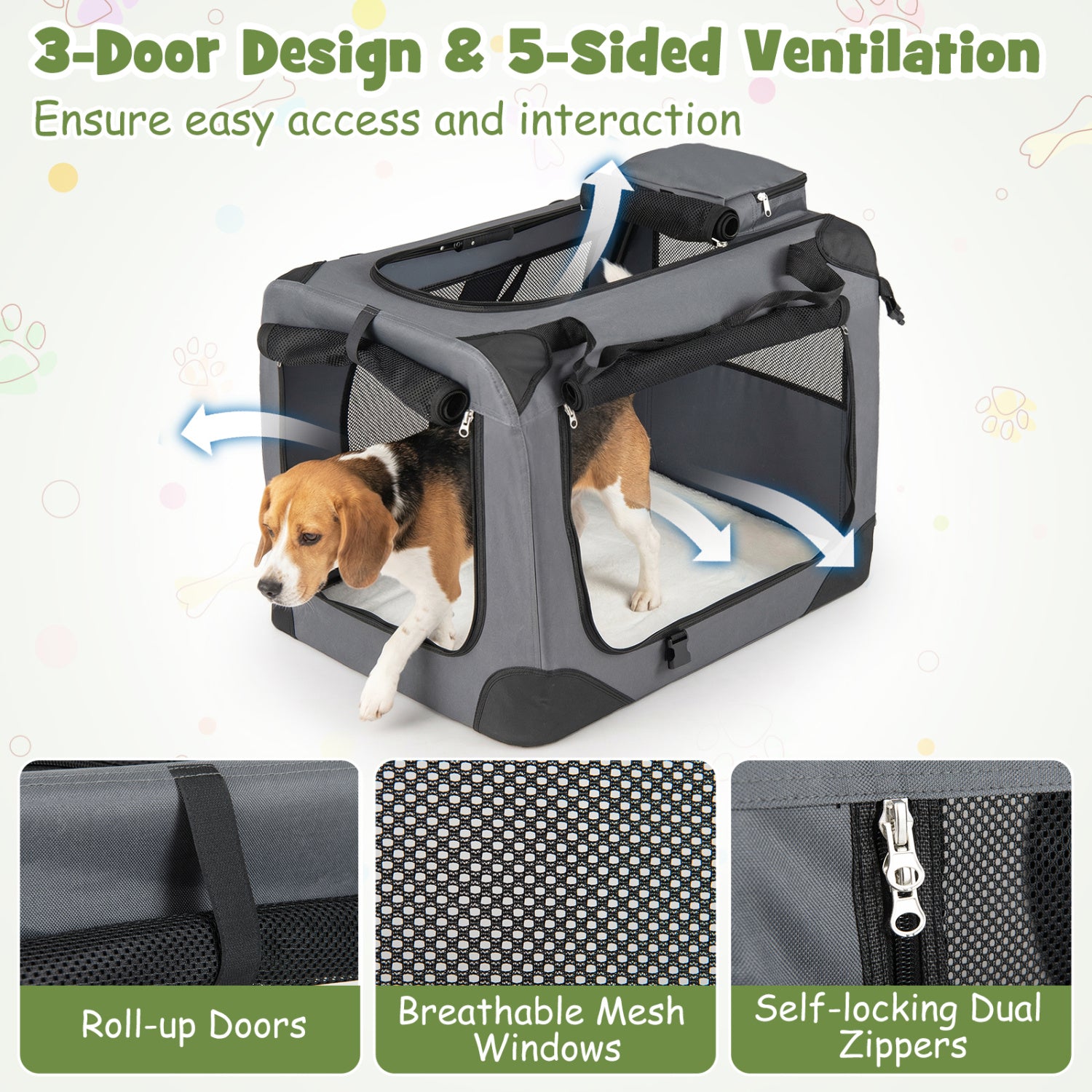 Collapsible Soft Dog Crate Travel Crate with Mesh Windows and 3 Doors-M