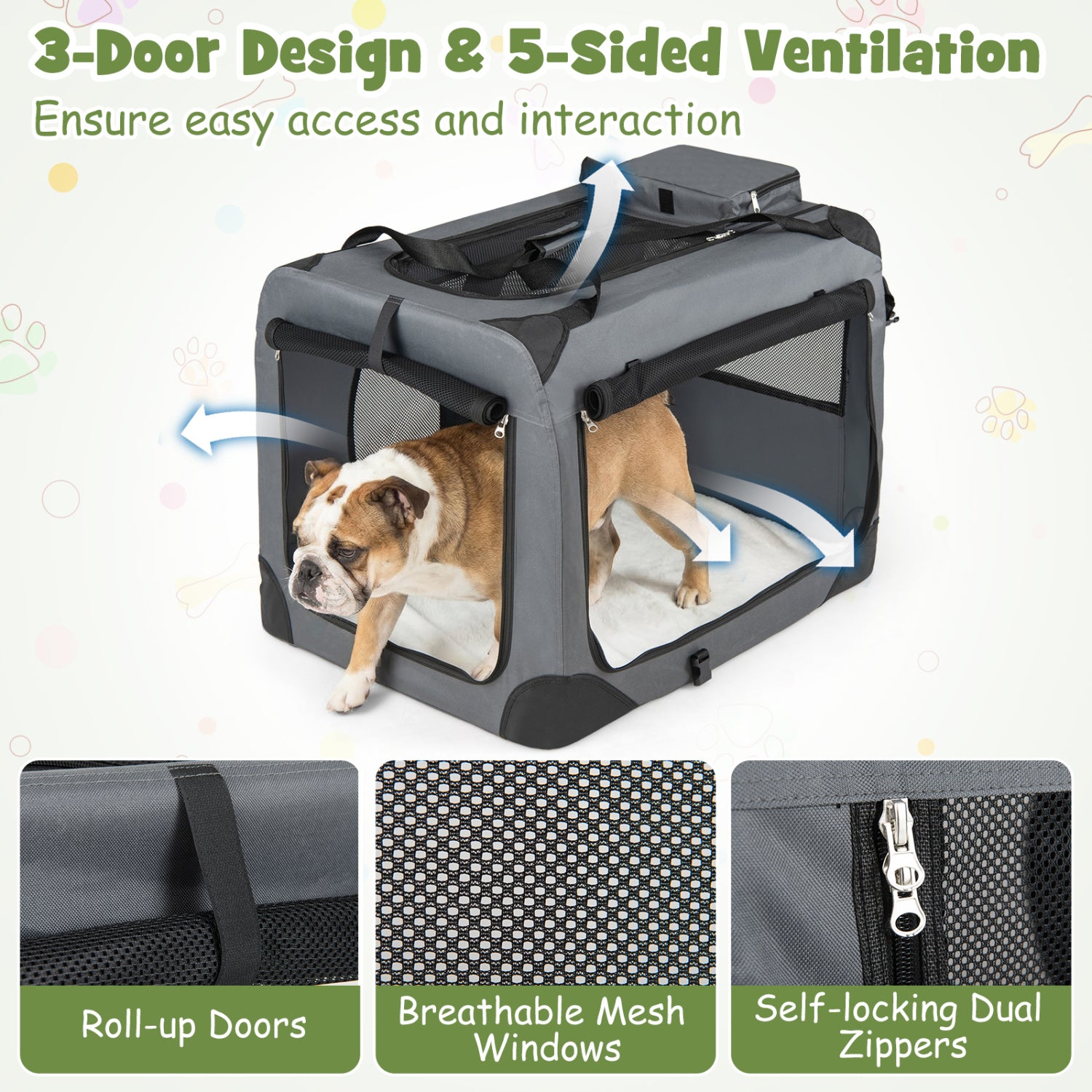 Collapsible Soft Dog Crate Travel Crate with Mesh Windows and 3 Doors-L